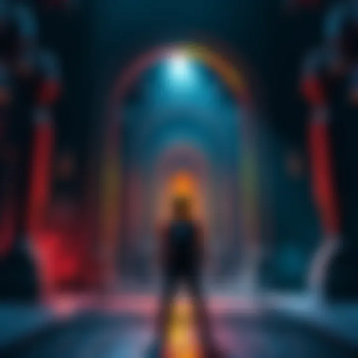 A gamer stands in front of an intricate door in a video game, contemplating how to open it. The environment is a mix of light and dark, showcasing the challenges of game mechanics.