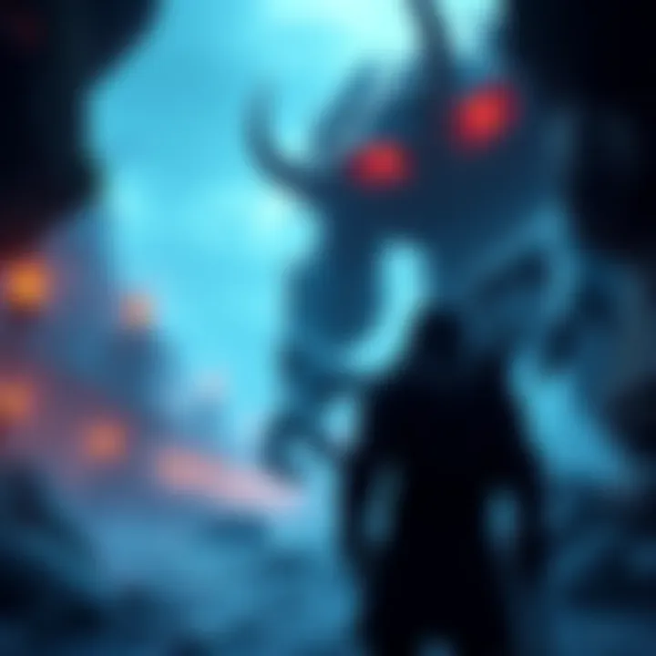 A gamer in a fantasy setting encountering a large boss character in Leyendell, with obstacles around them.