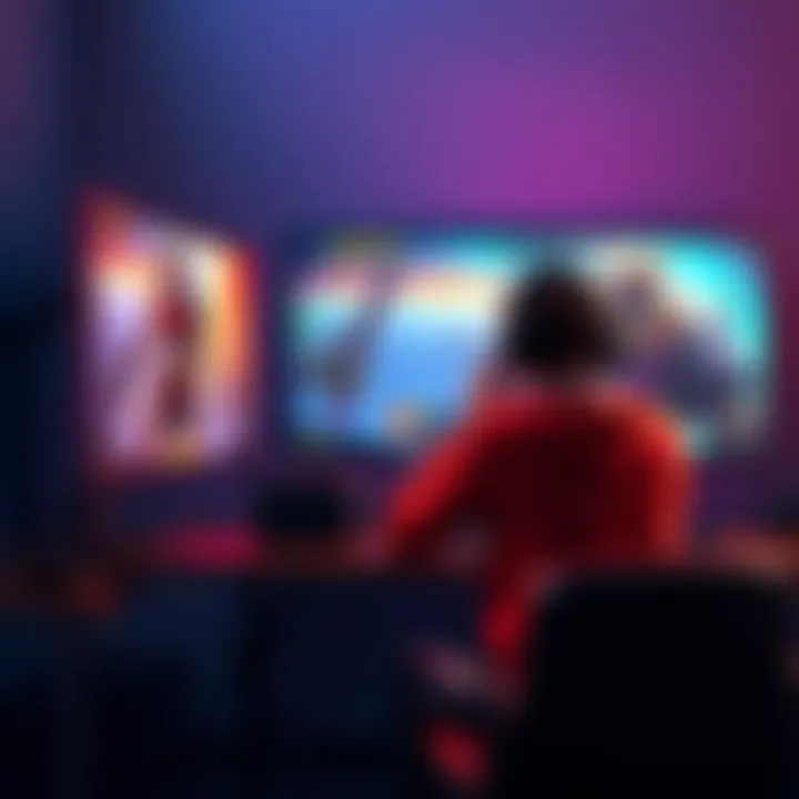 A gamer sitting at a desk, looking frustrated while playing a game against lower-ranked characters on the screen.