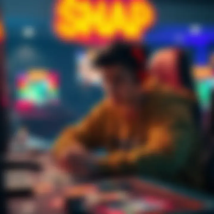 A person sitting at a gaming setup looking bored while playing Snap, surrounded by gaming cards