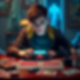 Player feeling overwhelmed A person sitting at a table with a Marvel Snap card game, looking stressed and anxious, surrounded by cards and a game device, portraying fatigue while playing.