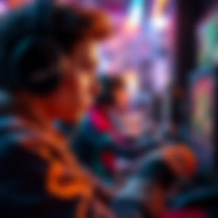 A gamer intensely playing a competitive game, focused on a single hero character on the screen, showing signs of deep concentration and enjoyment.