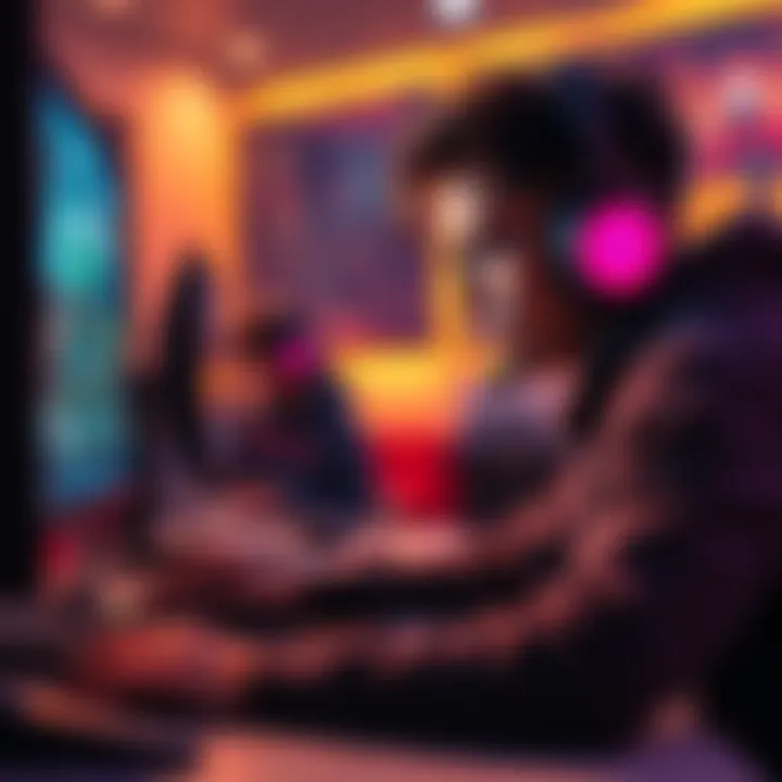 A gamer analyzing gameplay on a computer screen to improve rank in competitive play