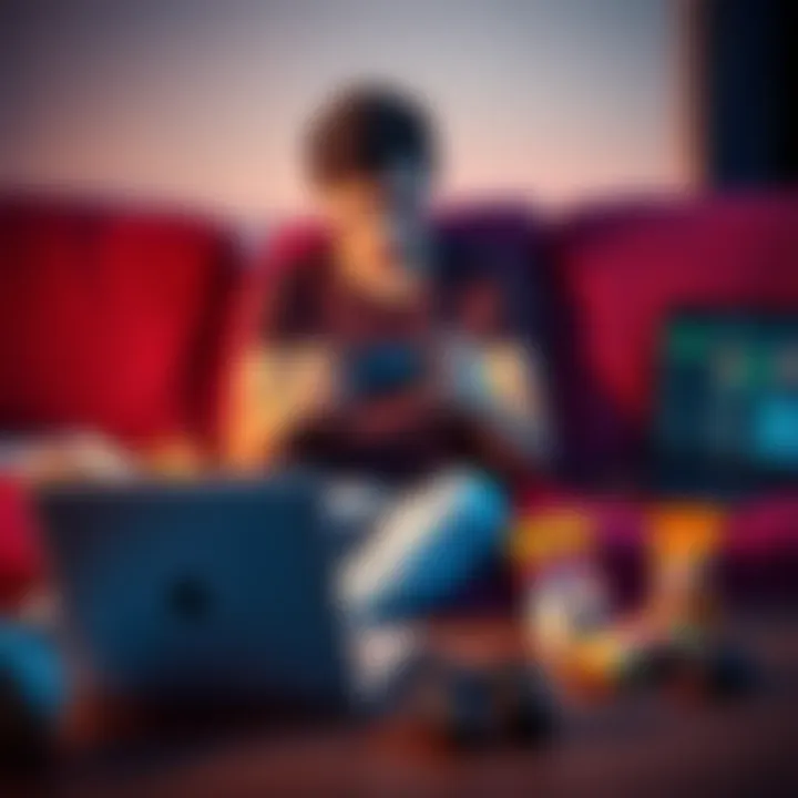 Player looking frustrated with controller A gamer sitting on a couch, holding a game controller, looking frustrated and anxious while playing a video game, surrounded by snacks and an open laptop showing online forums.