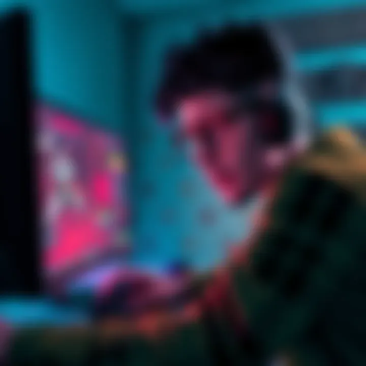 A gamer looking stressed while staring at a computer screen showing a glitchy game