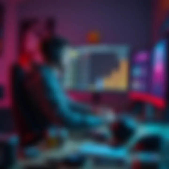 A gamer sits at their desk, showing signs of frustration while looking at the screen displaying Faction levels. Materials needed for upgrades are scattered around.