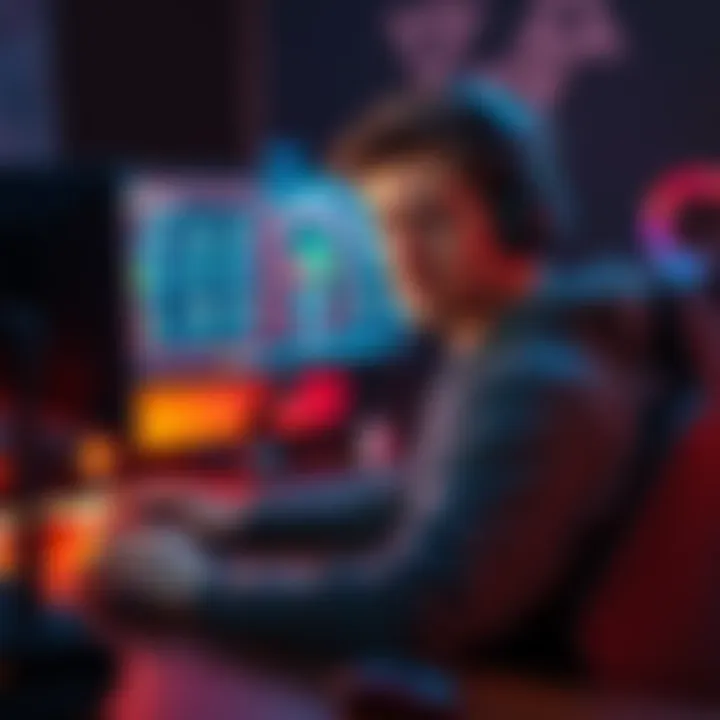 A seasoned gamer sitting at a computer with a frustrated expression, surrounded by gaming equipment and team rankings displayed on the screen.