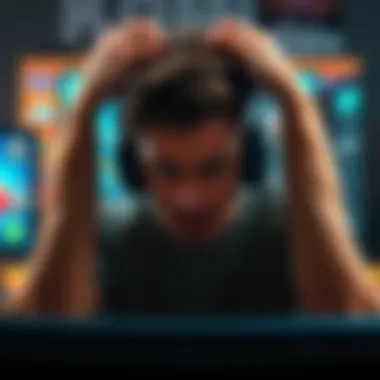 A gamer expresses frustration, hands on their head, with a computer screen displaying the game Komi in the background