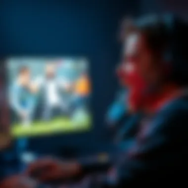 A gamer in a headset shouting in anger while playing, with a screen showing a tense gaming situation in the background.