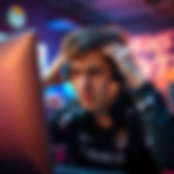 A gamer shows frustration while playing Overwatch, with a tense expression and hands on their head, surrounded by gaming gear.