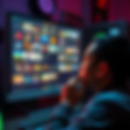 A gamer looks thoughtfully at a computer screen filled with various game options, showing nostalgia for previous games while considering a new playthrough.