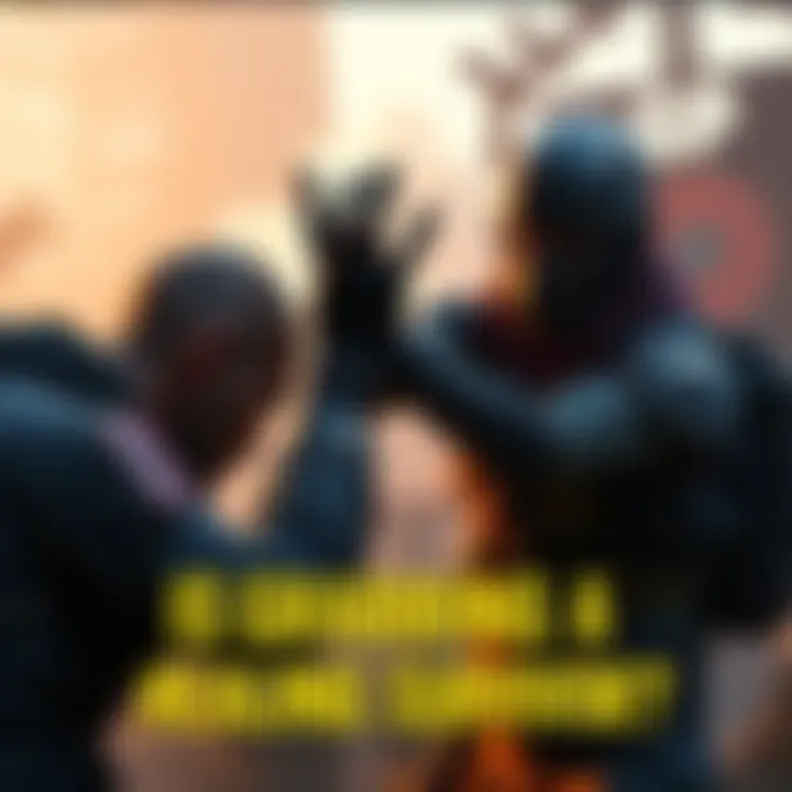 A character reaches for another character who is in the process of healing, showcasing an unusual gameplay interaction.