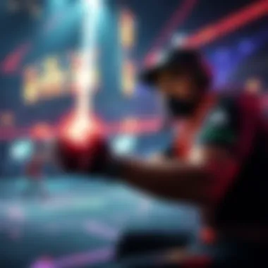 Player using healing ability in a game A gamer in a virtual arena focused on using a healbeam to support teammates during a ranked match