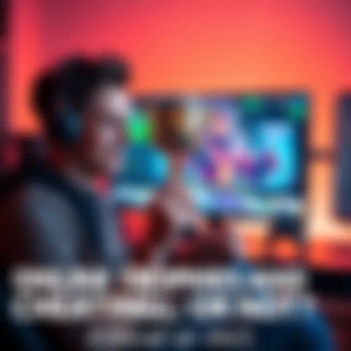 A gamer sitting in front of a screen, holding a shiny trophy while looking satisfied, representing online gaming achievements, with a console and controller in the background