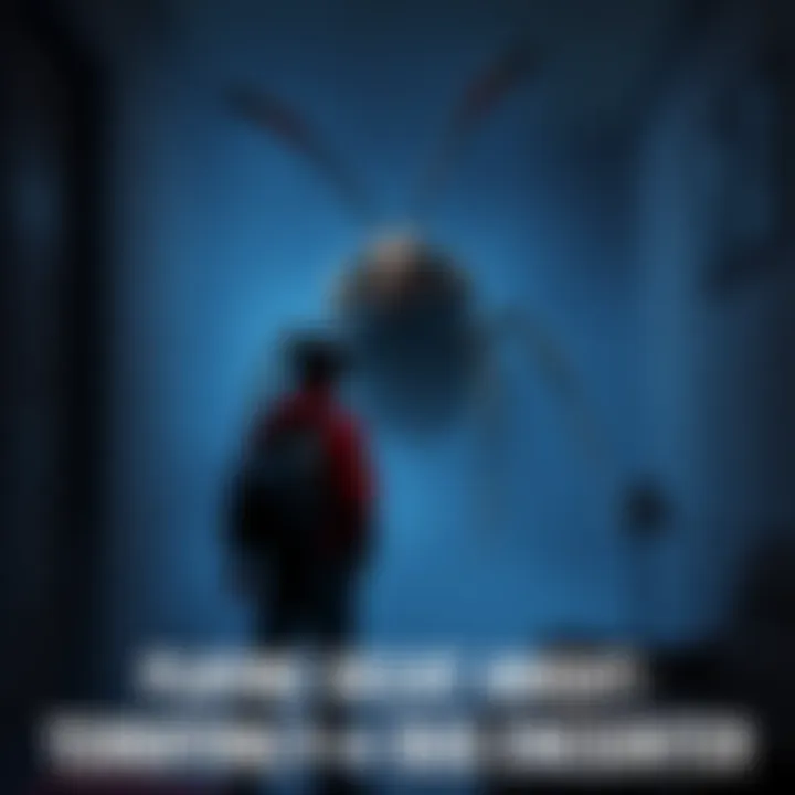 A startled gamer standing in a dark room, facing a giant 9-foot tall bug with a big smile, showcasing a mix of fear and surprise.