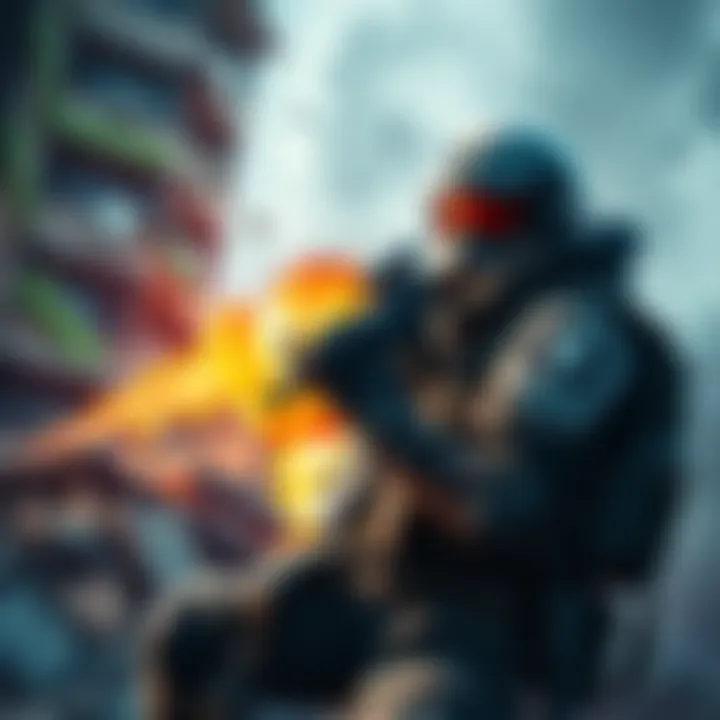A character in a video game clutching a CL-40 weapon amidst a crumbling building, illustrating the chaos of battle