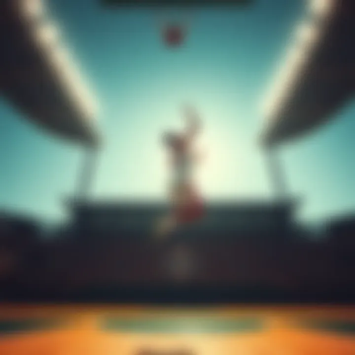 An athlete performing a high jump on a basketball court, showcasing increased jump height with Enhanced Athletics.