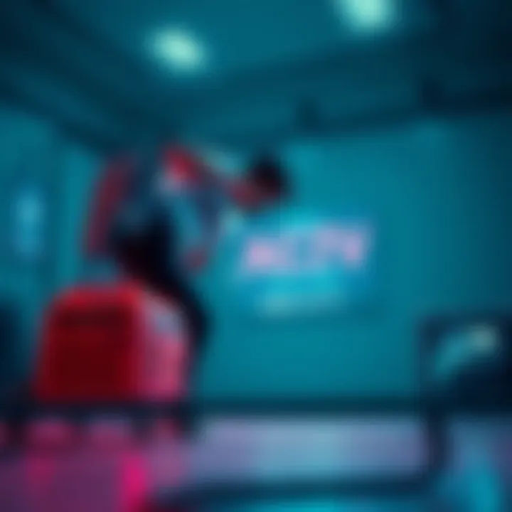 A gamer in an action pose, kicking a generator in a virtual environment, with other generators visible in the background