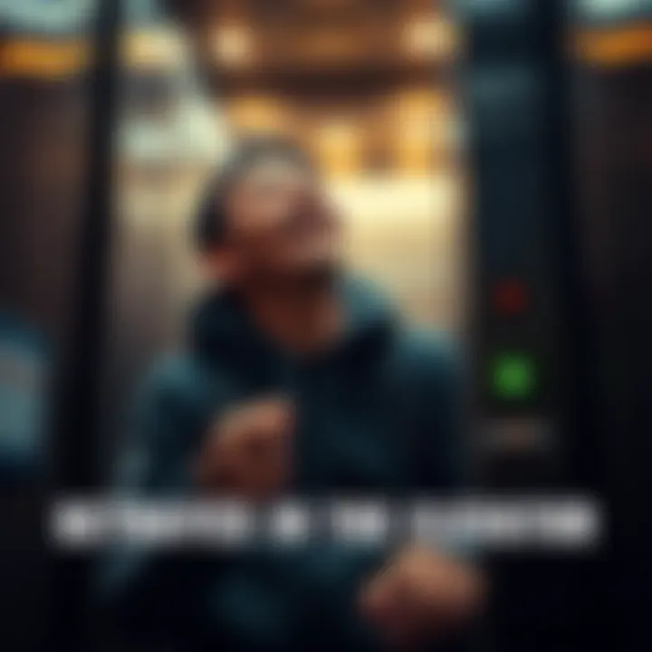 A video game player laughing in an elevator after a surprising betrayal by a friend, showing resilience and humor in a tense moment