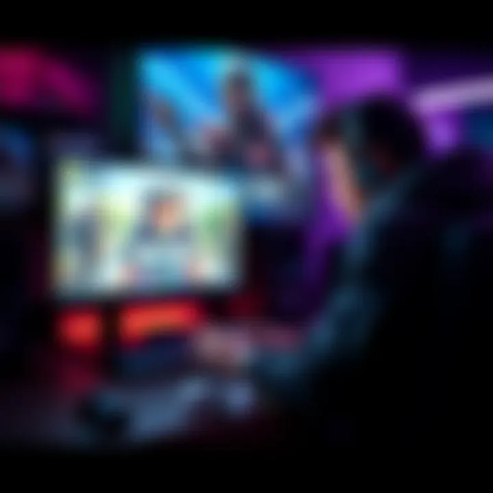 A person sitting in front of a computer screen, focused on a game, with game controllers nearby.