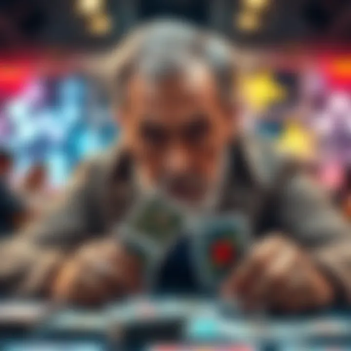 An experienced player focused on new game cards at a table, displaying a look of concentration and challenge.