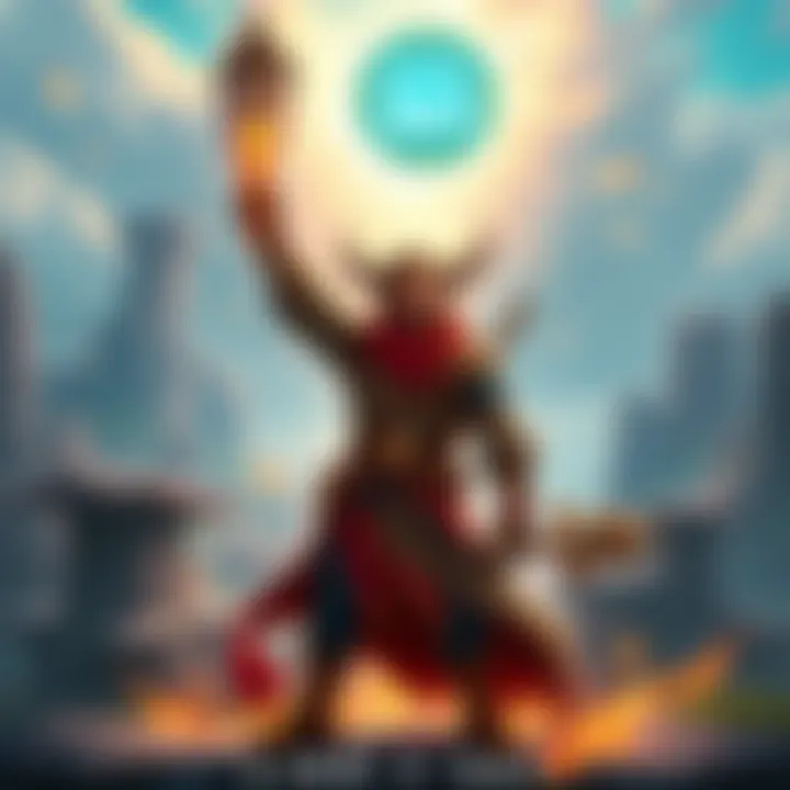 A gamer stands triumphantly in front of a fantasy landscape, holding a weapon, with a glowing Level 561 badge above their head