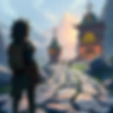 A player stands at a crossroads in a fantasy game, looking at options for Trials, Expeditions, and quests, with a vibrant game world in the background.