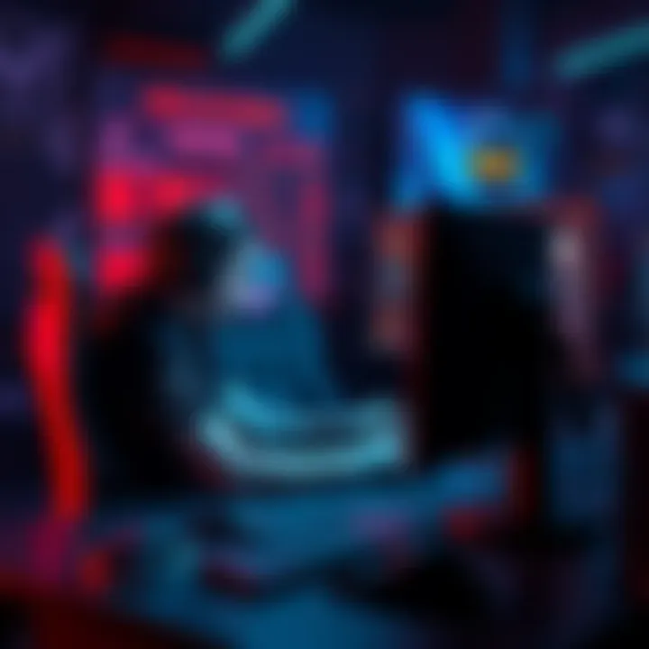 A gamer sitting at a desk focused on adjusting their gear setup while looking at a computer screen showing game stats.