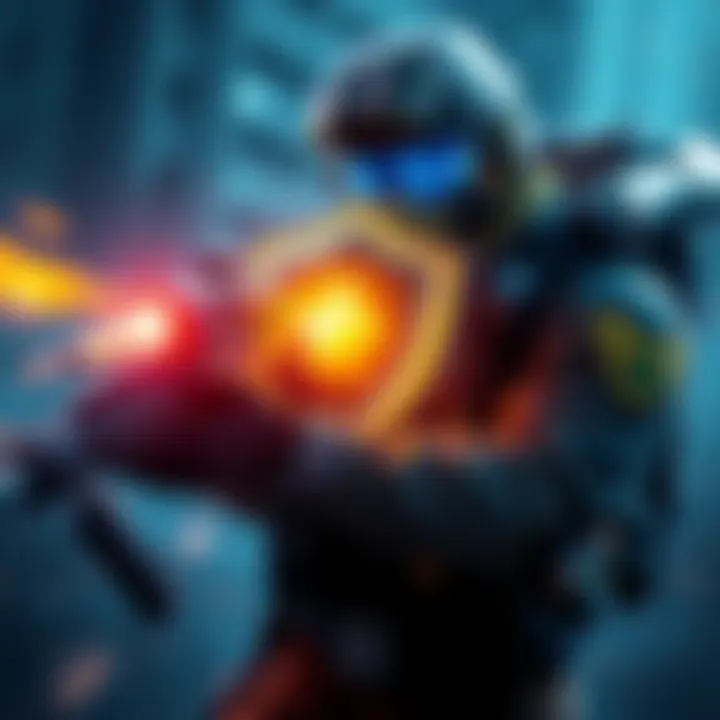 A gamer in tactical gear activating the Overshield ability in gameplay, showcasing a shield effect surrounding them.