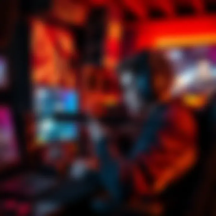 A gamer intensely focused on a screen, practicing aiming skills in Kovaaks with a headset on, surrounded by gaming gear.