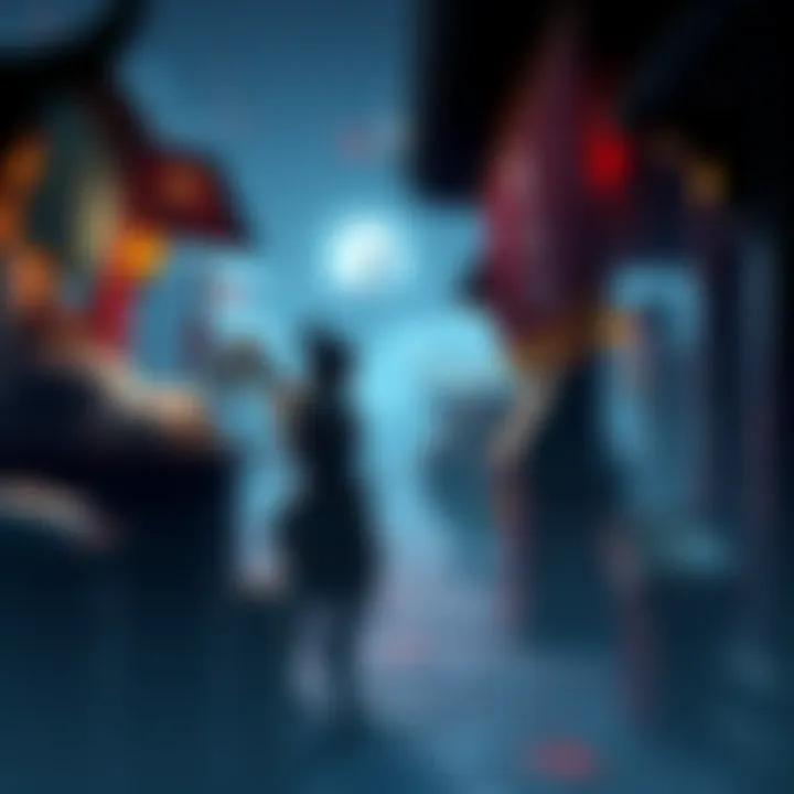 A character in Ghost of Tsushima interacts with Baku to buy items, while a distant khan figure looms in the background, symbolizing the choice between purchasing and confrontation.