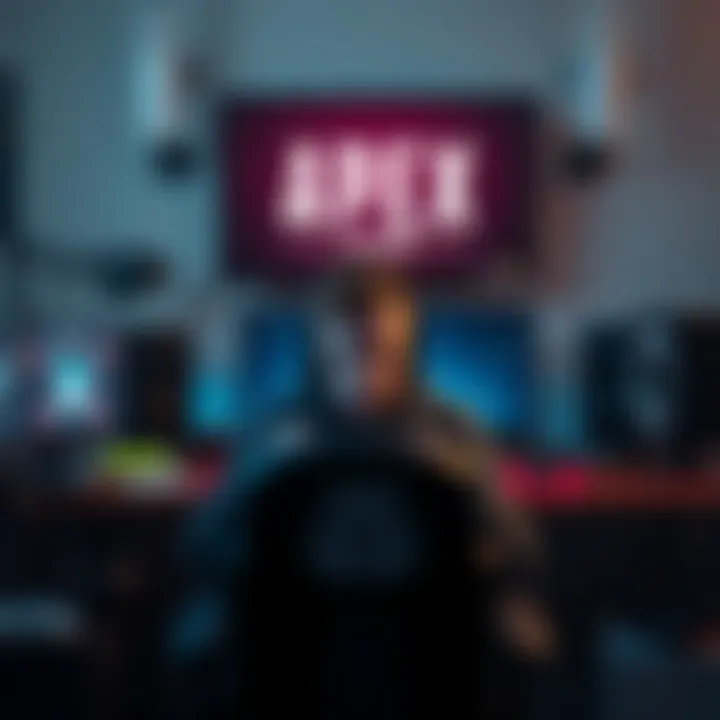 A gamer sits at a desk with a frustrated expression, surrounded by gaming gear and a turned-off screen displaying Apex Legends.