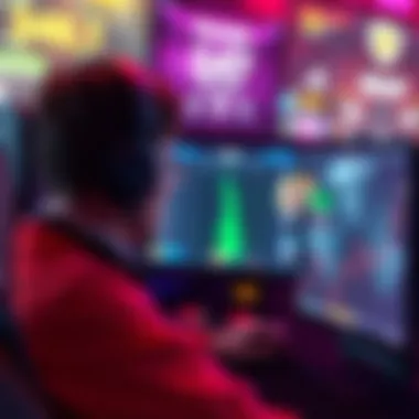 A competitive gaming scene showing a player analyzing their rank and statistics on a screen, with various game graphics in the background.