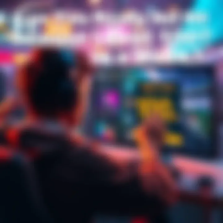 A gamer excitedly checking their progress on a gaming screen, showing a high level achievement in a colorful gaming environment