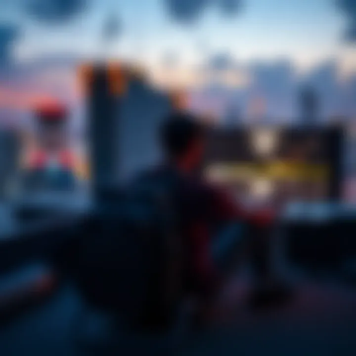 Player Reflecting After Knockdown A player sits in front of a screen, looking thoughtful after a game setback on a rooftop. The gaming setup is visible, showing excitement and contemplation after the match.