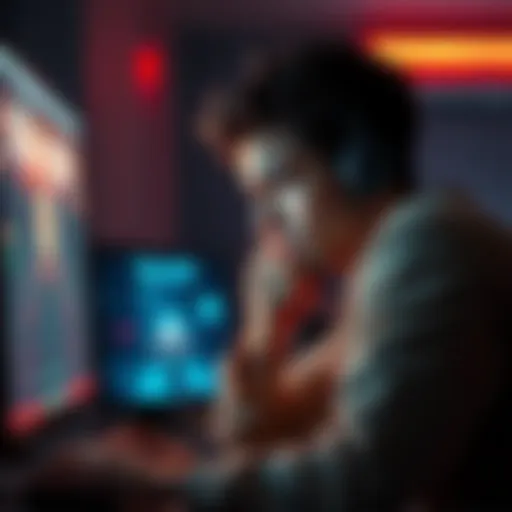 A player looks thoughtful and troubled while playing Tau Ceti on a computer, showing signs of regret after a violent action in the game.