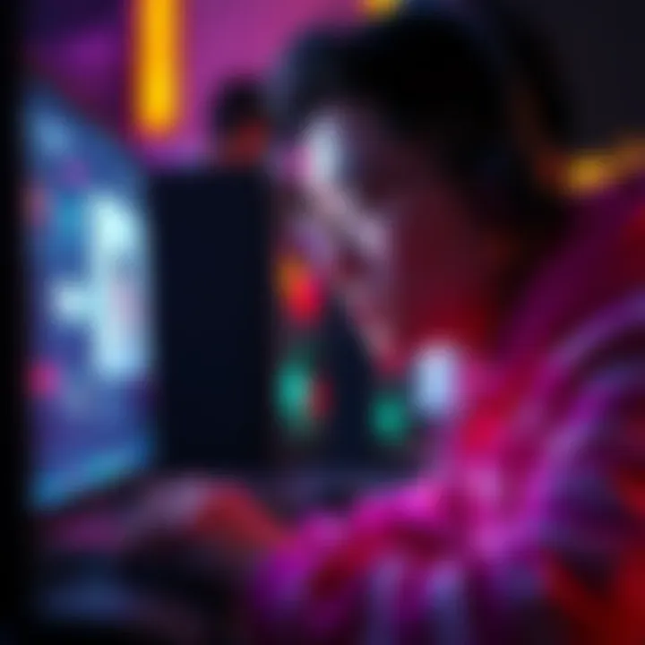 A gamer reporting an issue in an online game, with a focused expression on their face and a computer screen showing a reporting interface.