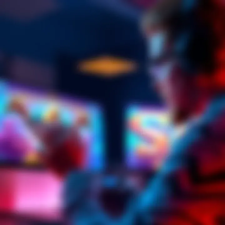 A gamer examines Smite 2 on a screen, discussing new features with enthusiasm