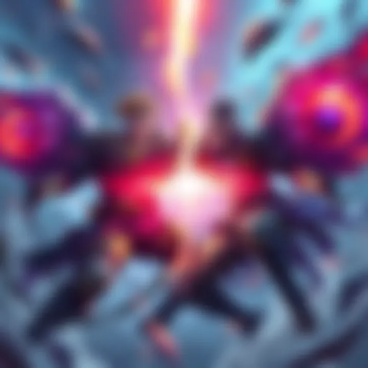 A scene from a battle game showing two players being revived in a dramatic moment during a match, surrounded by colorful graphics and action effects.