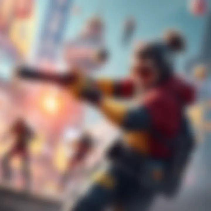 A gamer intensely focused, pulling off a challenging kill move in a vibrant game setting, surrounded by action and excitement.
