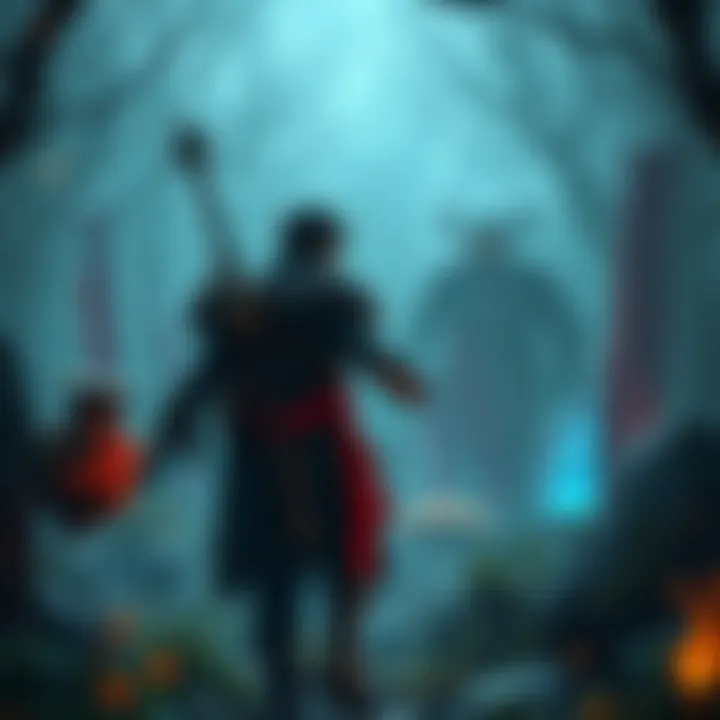 A player on a quest in a fantasy game looking for an elusive infamous enemy, with magical clues visible in the surrounding environment.