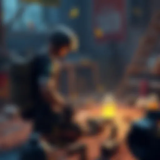 A player looking for upgrade materials in a game environment with various resources scattered around.