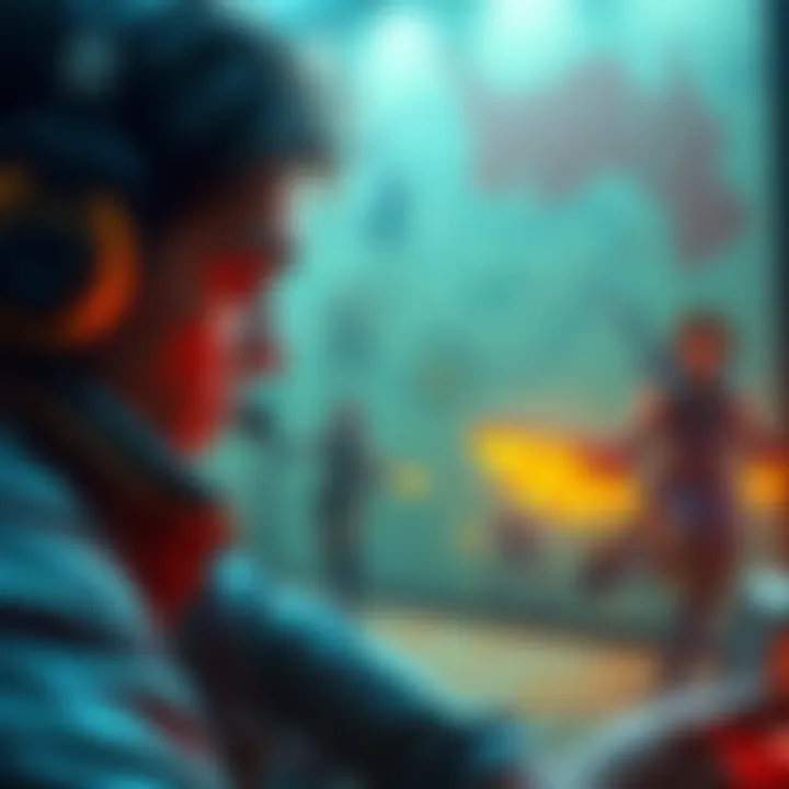 A gamer looking frustrated while trying to find a ring location on a glitchy game map, with hints of a battle scene