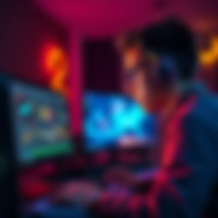 A gamer looking at a computer with character build guides and weapon strategies on the screen, appearing focused and eager to learn.