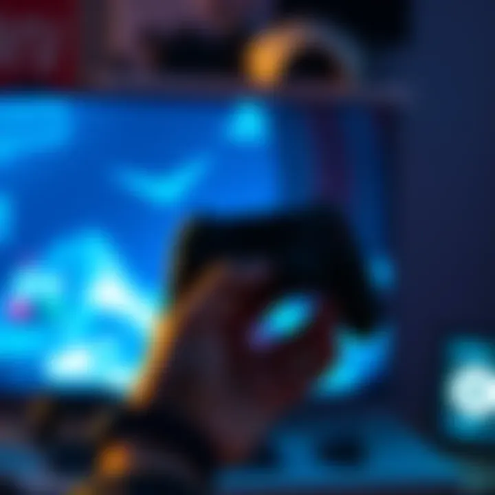 A gamer holding a PlayStation controller with a gaming console in the background, looking to connect with others online.