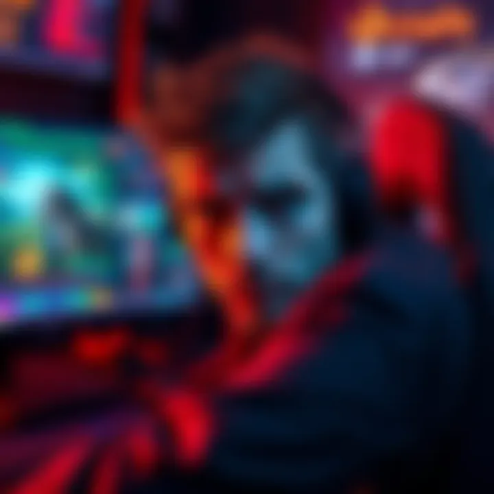 A player looking stressed while trying to farm weapons in a game, with a computer screen showing game crashes in the background and vivid game graphics related to argent wolf weapons