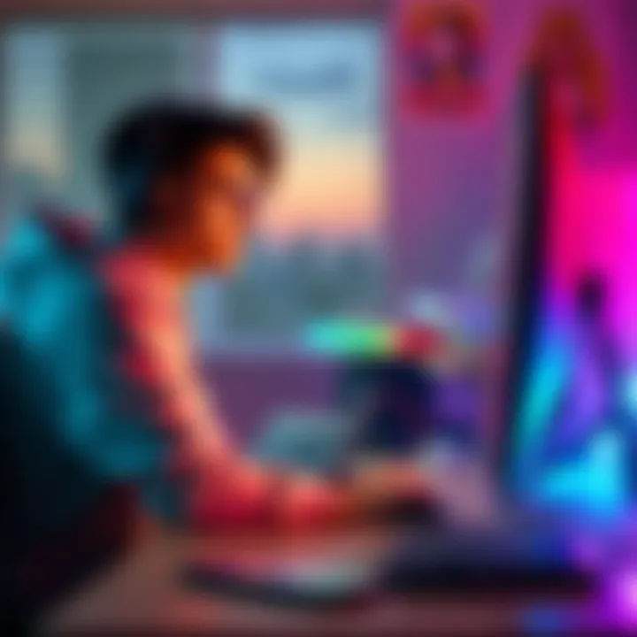 A gamer sits at a desk, focused on a computer screen, planning small goals to return to gaming after a break, excited about farming and open-world adventures.
