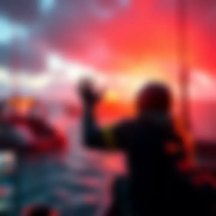 A gamer waving while hooked in a video game to indicate danger and caution to others, showing a tense gameplay moment.