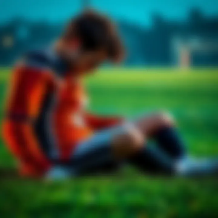 Athlete in distress after losing a game, sitting on the grass with head down and jersey stained with sweat