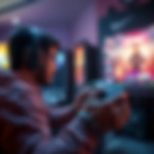 Player using a starting weapon in a game A gamer focused on the screen, holding a controller, playing with only the starting weapon in a video game